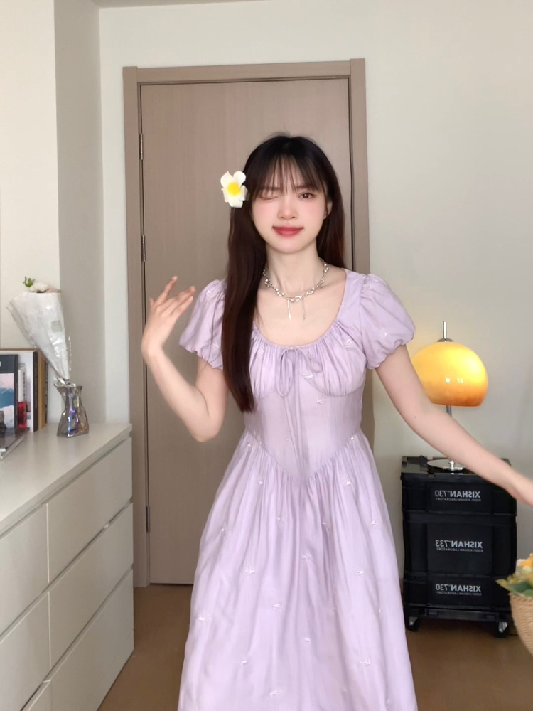 Elegant Purple Waist-Defining Slimming Short Sleeve Dress - Sweet Momo Summer Collection, Perfect for 90s and Y2K Inspired Looks