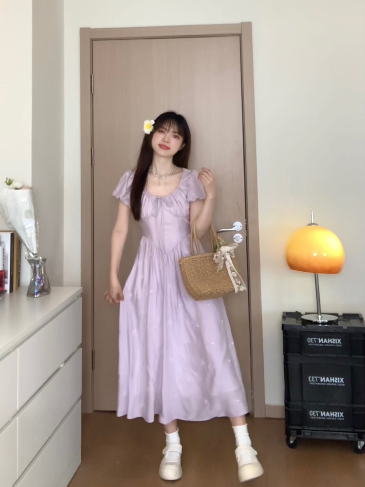 Elegant Purple Waist-Defining Slimming Short Sleeve Dress - Sweet Momo Summer Collection, Perfect for 90s and Y2K Inspired Looks Elegant Purple Waist-Defining Slimming Short Sleeve Dress - Sweet Momo Summer Collection, Perfect for 90s and Y2K Inspired Looks