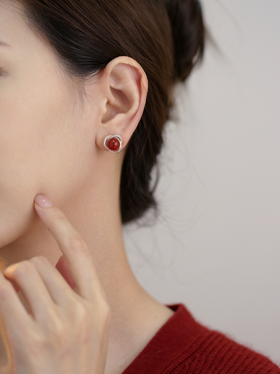 Elegant Red Agate Earrings for Women, Micro-Inlaid Zircon, Minimalist Chinese Style, Versatile High-End Jewelry for New Year Celebrations