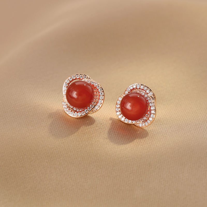 Elegant Red Agate Earrings for Women, Micro-Inlaid Zircon, Minimalist Chinese Style, Versatile High-End Jewelry for New Year Celebrations