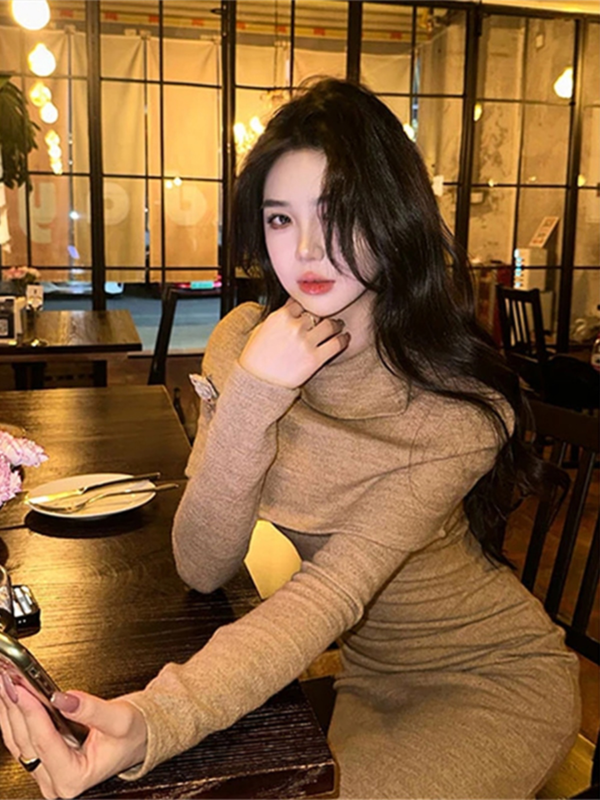 Elegant Red Knitted Shawl Dress for Women - High-Quality Waist-Cinching Long Skirt in French Style for Autumn/Winter Fashion Elegant Red Knitted Shawl Dress for Women - High-Quality Waist-Cinching Long Skirt in French Style for Autumn/Winter Fashion