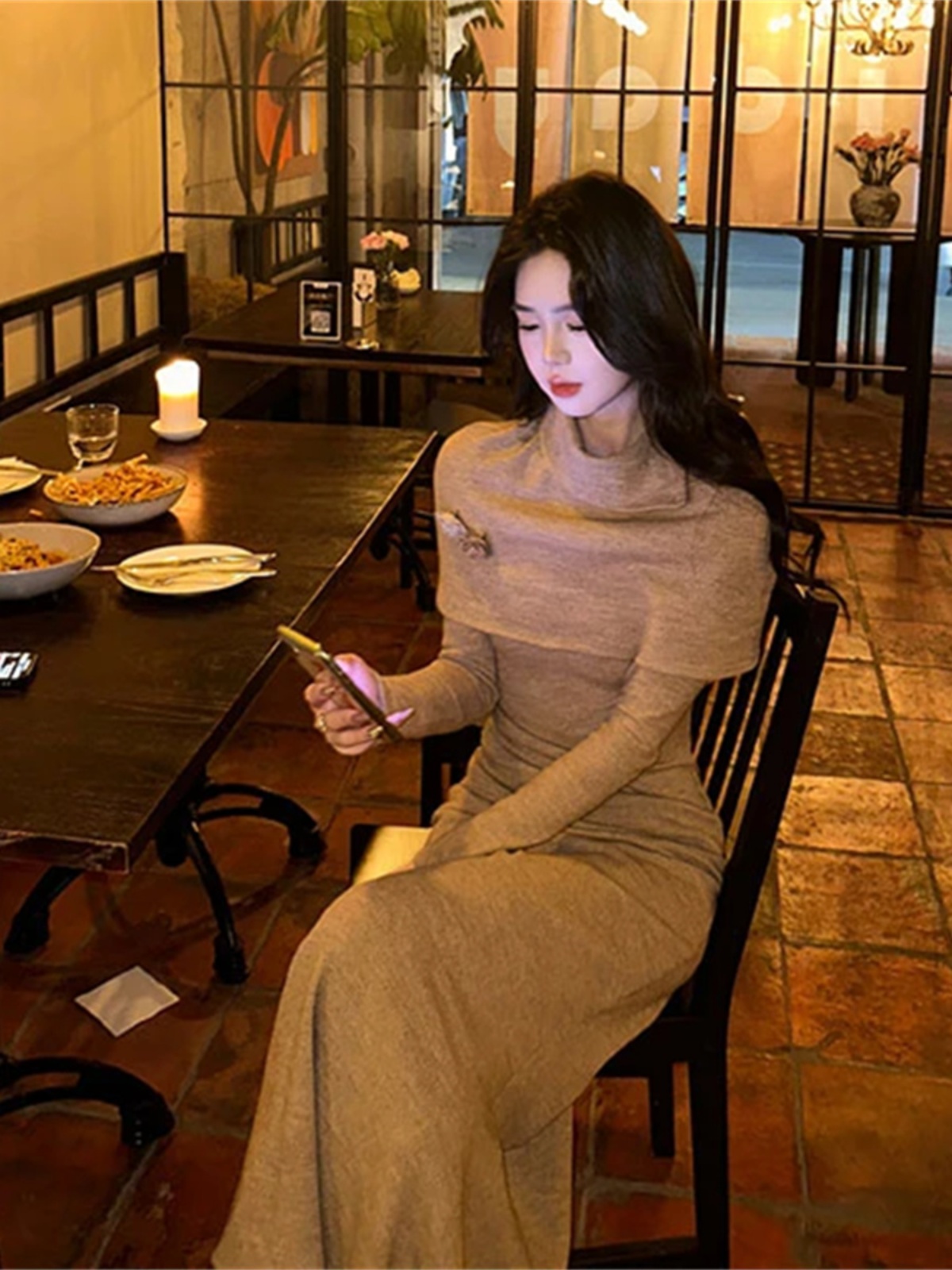 Elegant Red Knitted Shawl Dress for Women - High-Quality Waist-Cinching Long Skirt in French Style for Autumn/Winter Fashion Elegant Red Knitted Shawl Dress for Women - High-Quality Waist-Cinching Long Skirt in French Style for Autumn/Winter Fashion