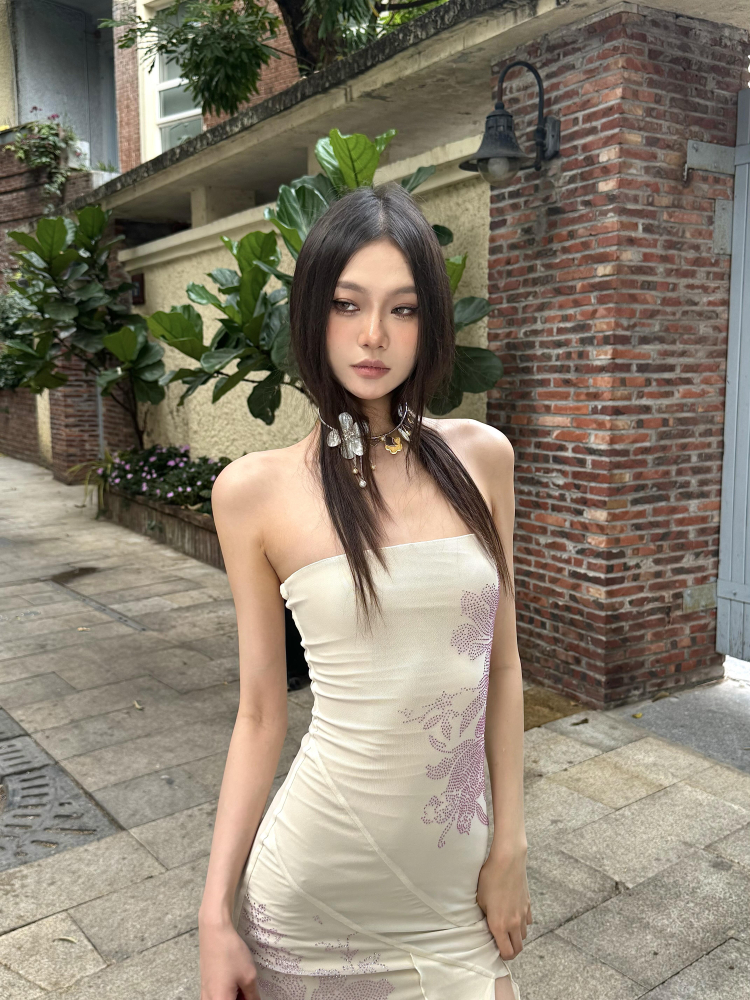Elegant Rhinestone Strapless Bodycon Dress for Women - Sexy Slim Fit Split Long Skirt, 2025 European and American Summer Style Elegant Rhinestone Strapless Bodycon Dress for Women - Sexy Slim Fit Split Long Skirt, 2025 European and American Summer Style
