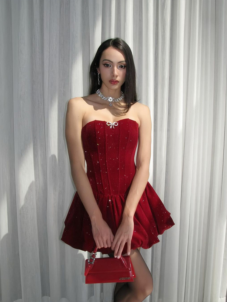 Elegant Shimmering Strapless High-Waisted Cocktail Dress for Women - Eccentric French Style Light Luxury Fashion Elegant Shimmering Strapless High-Waisted Cocktail Dress for Women - Eccentric French Style Light Luxury Fashion