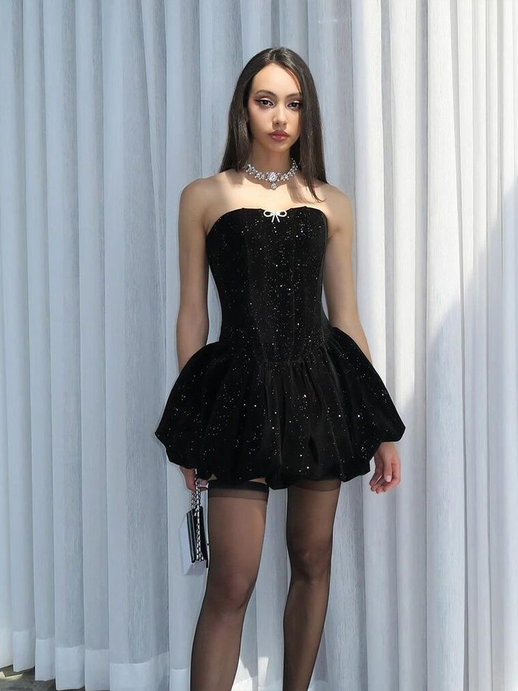 Elegant Shimmering Strapless High-Waisted Cocktail Dress for Women - Eccentric French Style Light Luxury Fashion Elegant Shimmering Strapless High-Waisted Cocktail Dress for Women - Eccentric French Style Light Luxury Fashion