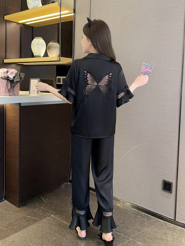 Elegant Summer Ice Silk Short Sleeve Pajamas for Women - Sexy Butterfly Design, French High-End Princess Style Home Wear 2025 Elegant Summer Ice Silk Short Sleeve Pajamas for Women - Sexy Butterfly Design, French High-End Princess Style Home Wear 2025