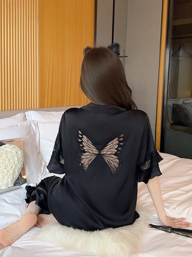 Elegant Summer Ice Silk Short Sleeve Pajamas for Women - Sexy Butterfly Design, French High-End Princess Style Home Wear 2025 Elegant Summer Ice Silk Short Sleeve Pajamas for Women - Sexy Butterfly Design, French High-End Princess Style Home Wear 2025