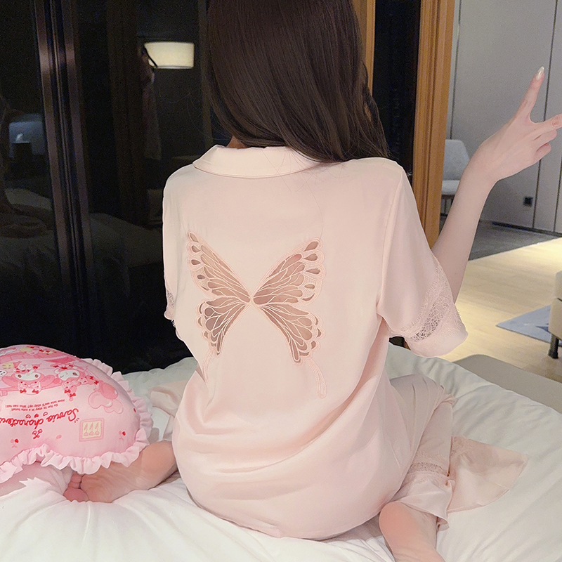 Elegant Summer Ice Silk Short Sleeve Pajamas for Women - Sexy Butterfly Design, French High-End Princess Style Home Wear 2025 Elegant Summer Ice Silk Short Sleeve Pajamas for Women - Sexy Butterfly Design, French High-End Princess Style Home Wear 2025