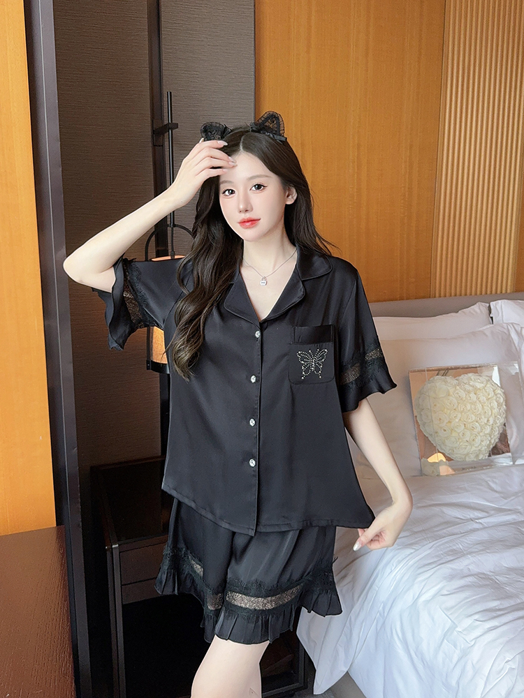 Elegant Summer Ice Silk Short Sleeve Pajamas for Women - Sexy Butterfly Design, French High-End Princess Style Home Wear 2025 Elegant Summer Ice Silk Short Sleeve Pajamas for Women - Sexy Butterfly Design, French High-End Princess Style Home Wear 2025