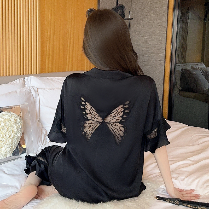 Elegant Summer Ice Silk Short Sleeve Pajamas for Women - Sexy Butterfly Design, French High-End Princess Style Home Wear 2025