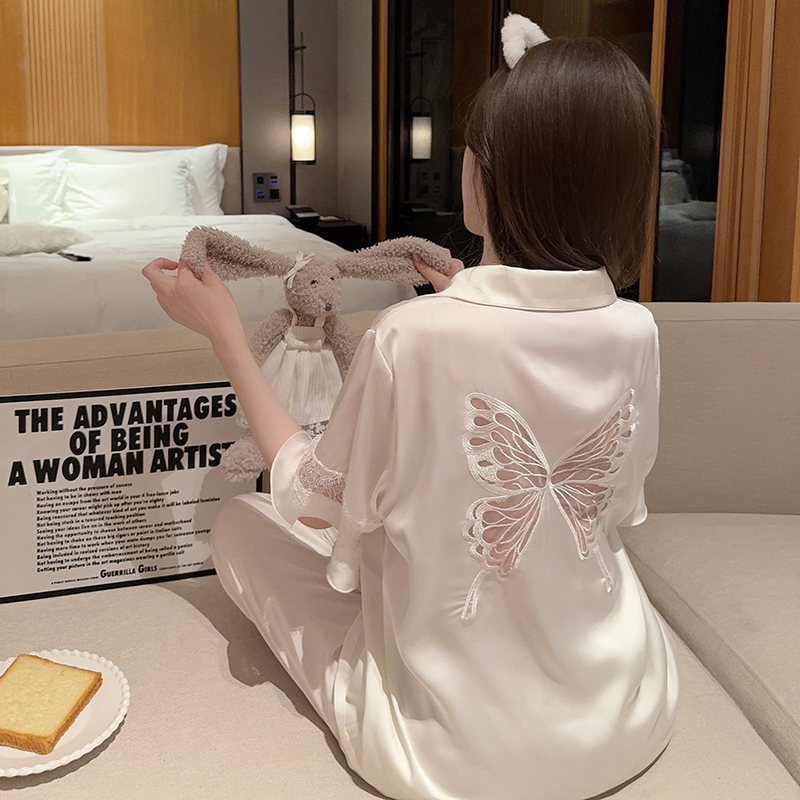 Elegant Summer Ice Silk Short Sleeve Pajamas for Women - Sexy Butterfly Design, French High-End Princess Style Home Wear 2025 Elegant Summer Ice Silk Short Sleeve Pajamas for Women - Sexy Butterfly Design, French High-End Princess Style Home Wear 2025