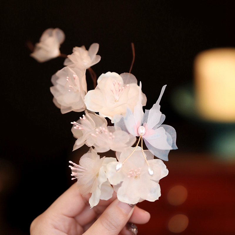 Elegant Tang-Style Floral Hairpin Side Clip, Silk Embossed Forest-Themed Headdress, Soft Updo Accessory for Vintage Charm