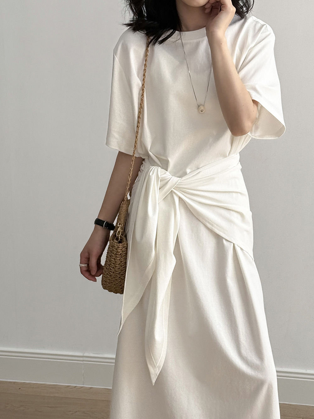 Elegant Waist-Cinching Round Neck Short Sleeve Dress with Shawl Belt - 2025 Summer Minimalist Two-in-One Loose Long Dress Elegant Waist-Cinching Round Neck Short Sleeve Dress with Shawl Belt - 2025 Summer Minimalist Two-in-One Loose Long Dress