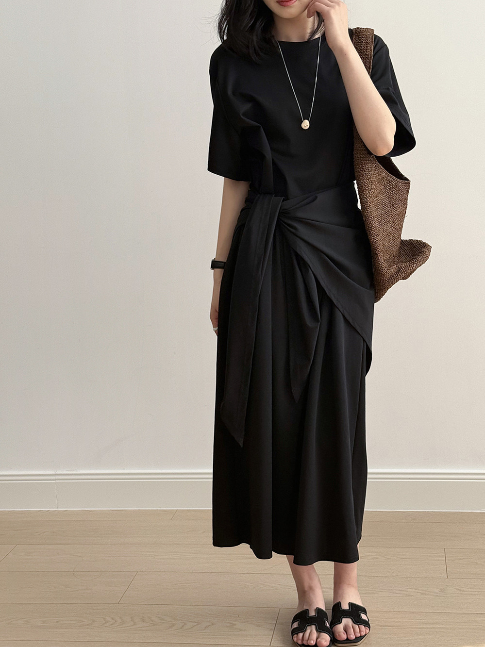 Elegant Waist-Cinching Round Neck Short Sleeve Dress with Shawl Belt - 2025 Summer Minimalist Two-in-One Loose Long Dress Elegant Waist-Cinching Round Neck Short Sleeve Dress with Shawl Belt - 2025 Summer Minimalist Two-in-One Loose Long Dress