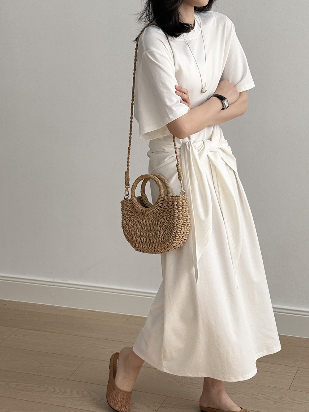Elegant Waist-Cinching Round Neck Short Sleeve Dress with Shawl Belt - 2025 Summer Minimalist Two-in-One Loose Long Dress Elegant Waist-Cinching Round Neck Short Sleeve Dress with Shawl Belt - 2025 Summer Minimalist Two-in-One Loose Long Dress