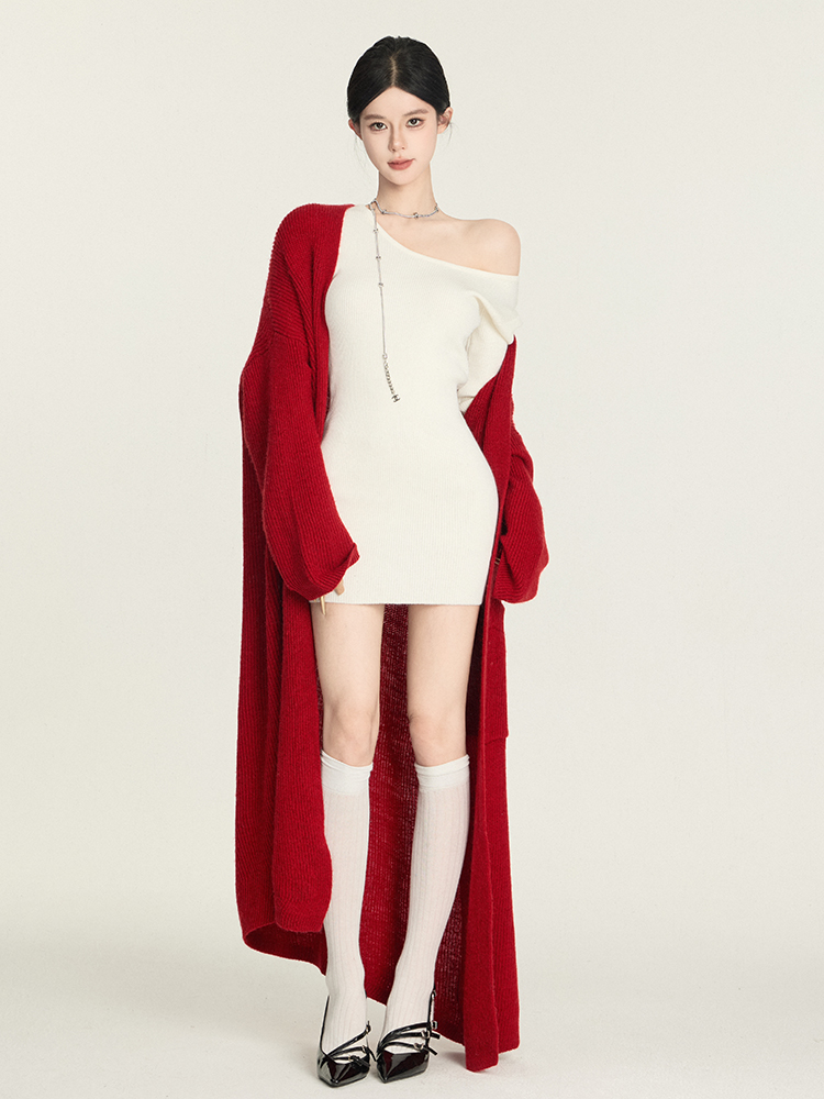 Elegant White Asymmetrical Neck Knitted Bodycon Mini Dress for Women - Long Sleeve, Waist-Defined, 90s Inspired Spring Fashion