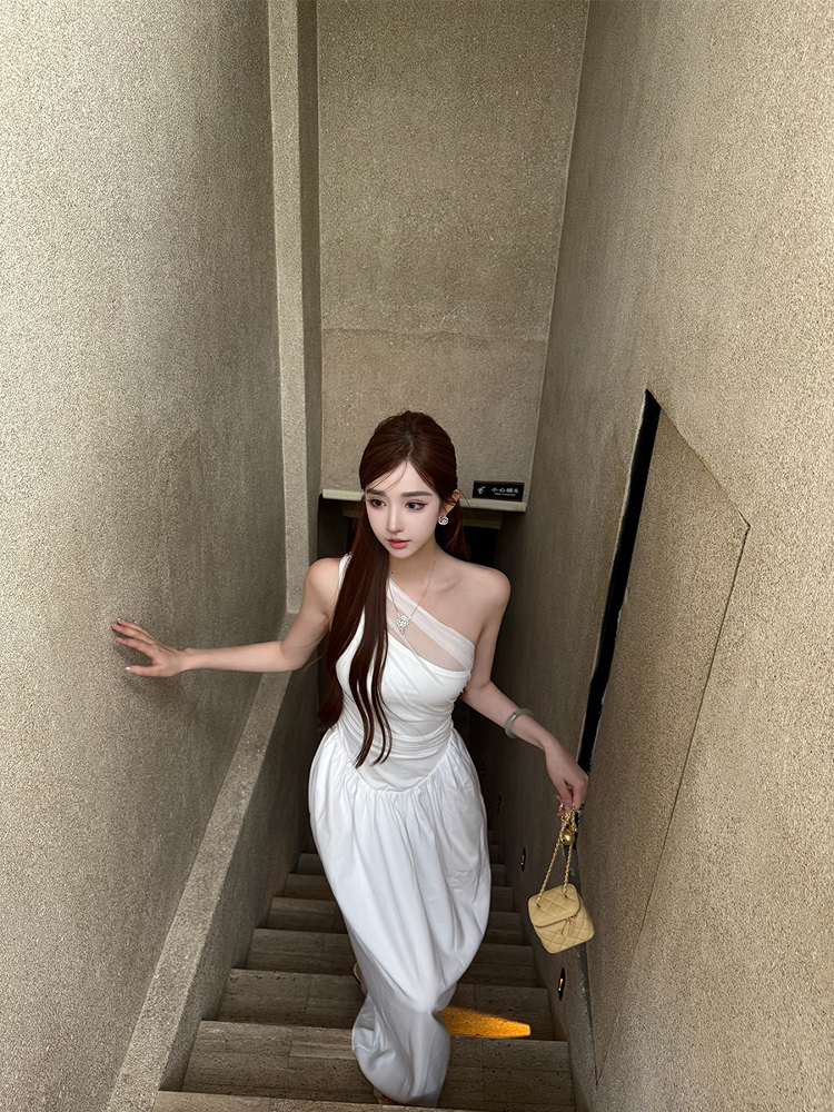 Elegant White Egret Muse High-End Slim Fit Mid-Length Dress for Women - Summer Spliced High Waist Skirt, Chic Fashion Elegant White Egret Muse High-End Slim Fit Mid-Length Dress for Women - Summer Spliced High Waist Skirt, Chic Fashion