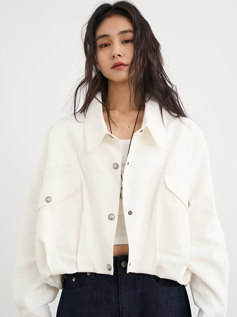 Elegant White Heavy Cotton-Linen Short Jacket for Women - 2025 New Casual Korean Style Versatile Top Elegant White Heavy Cotton-Linen Short Jacket for Women - 2025 New Casual Korean Style Versatile Top