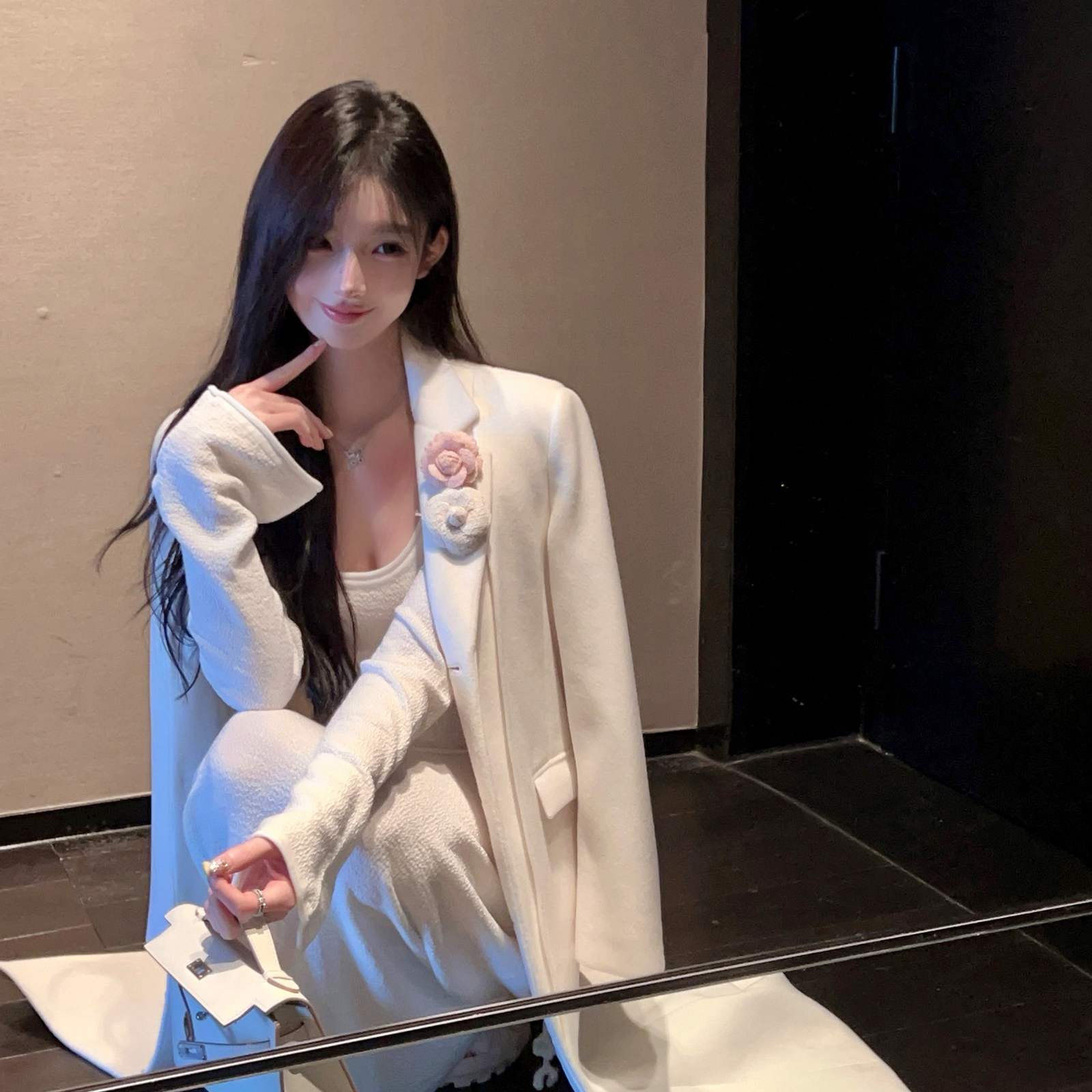 Elegant White Woolen Coat for Women - Mid-Length Loose Overcoat with Floral Design - Winter Fashion Essential