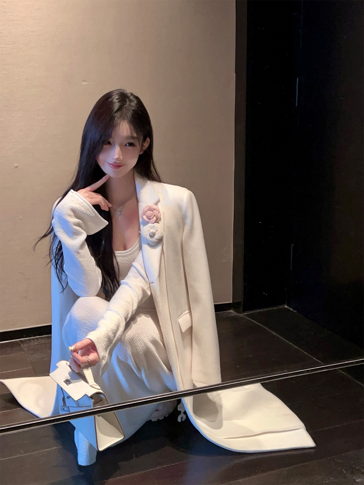 Elegant White Woolen Coat for Women - Mid-Length Loose Overcoat with Floral Design - Winter Fashion Essential