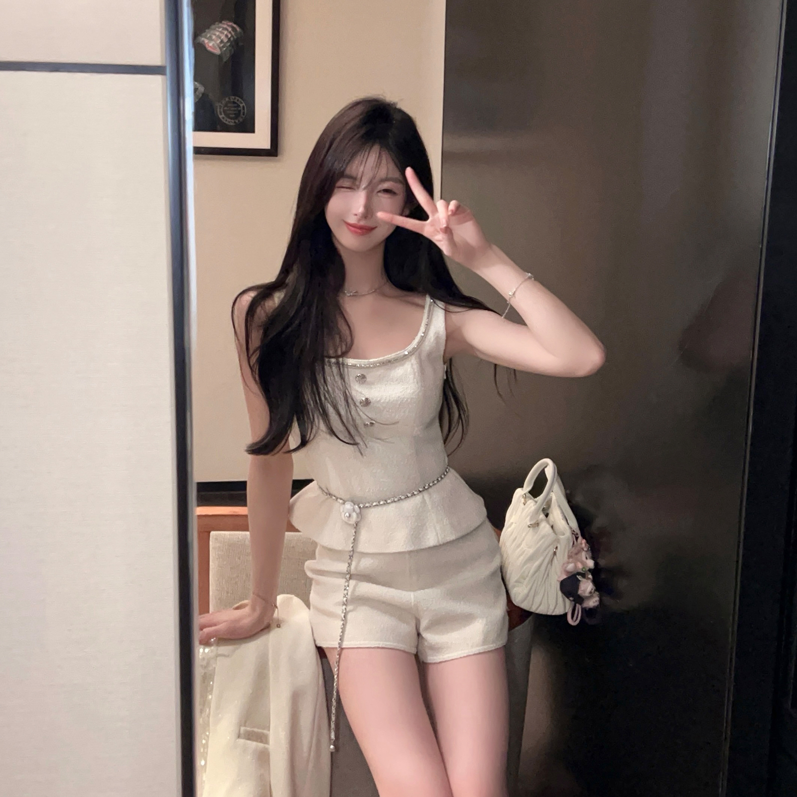Elegant White Woolen Two-Piece Set for Women - Autumn Winter High Waist Shorts & Top - Chic Fashion Outfit