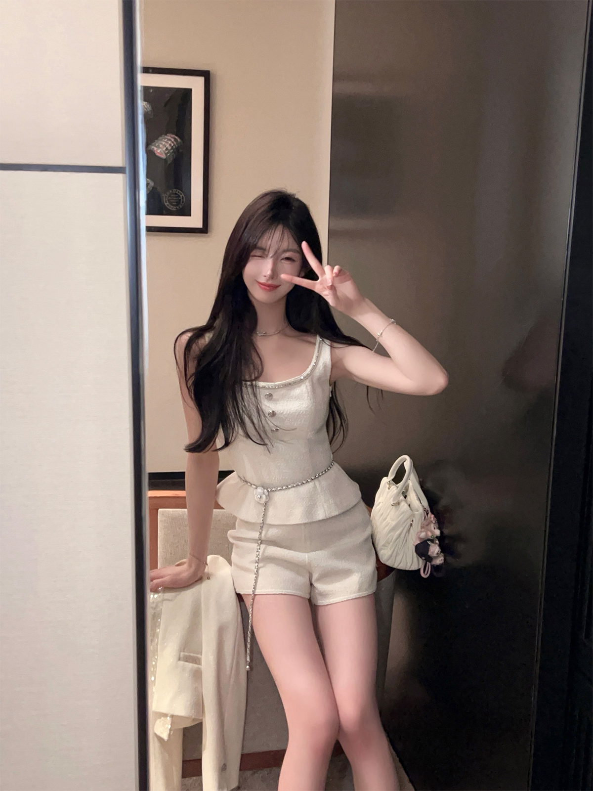 Elegant White Woolen Two-Piece Set for Women - Autumn Winter High Waist Shorts & Top - Chic Fashion Outfit