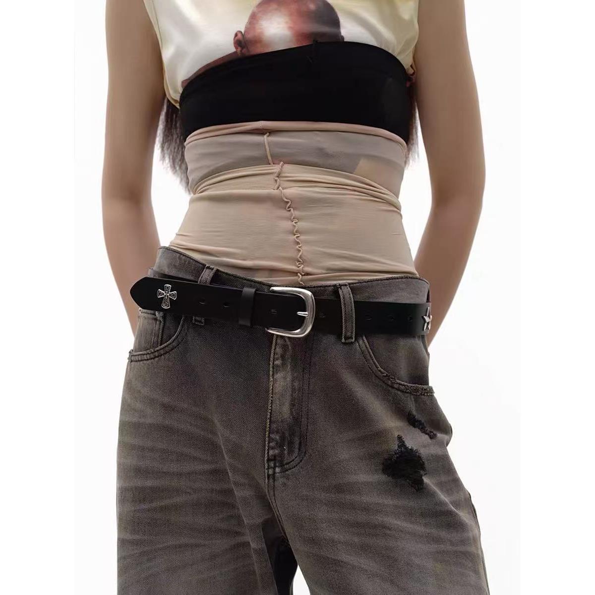 Embossed Metal Studs Cowhide Belt for Waist Decoration - Versatile Heavy Industry Style Accessory for Trendy Looks