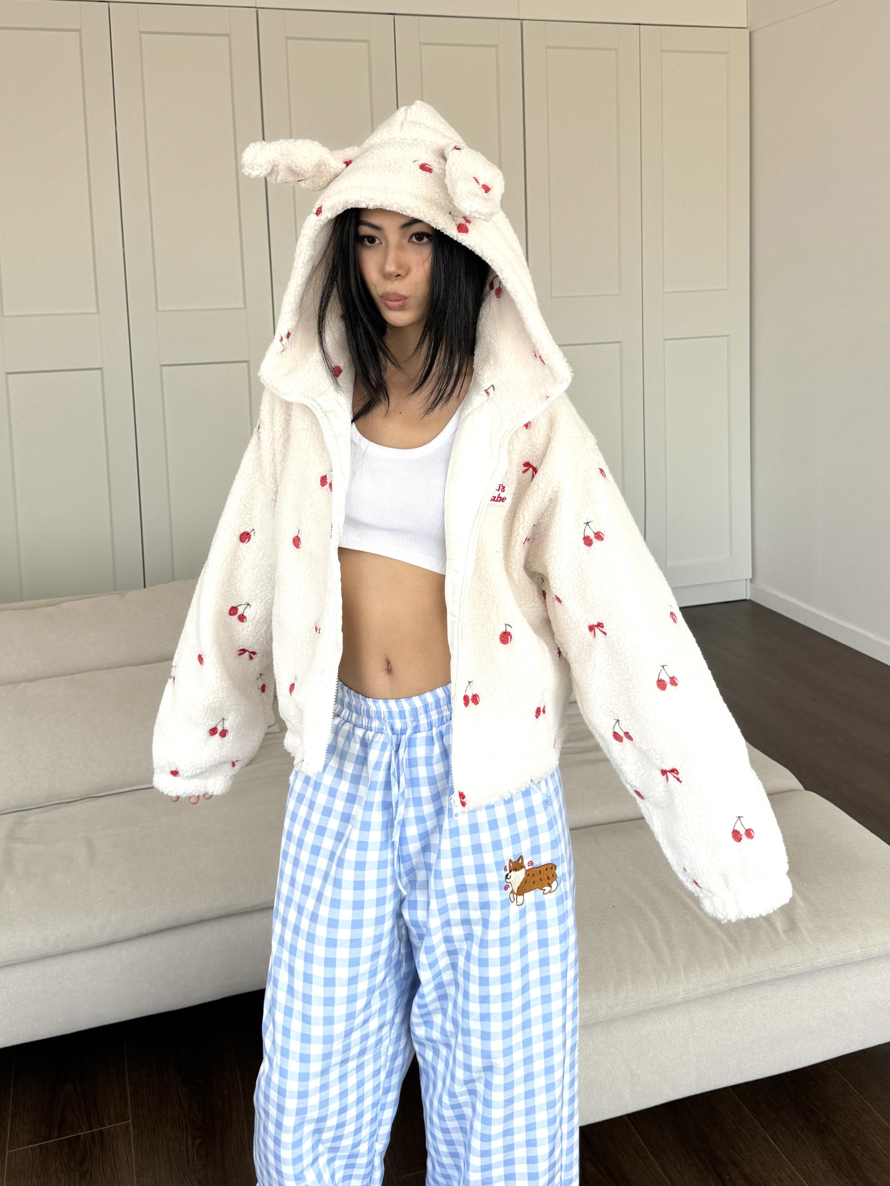 Embroidered Rabbit Ears Lamb Wool Short Coat with Cherry Print - Sweet & Spicy Autumn/Winter Loose Top Embroidered Rabbit Ears Lamb Wool Short Coat with Cherry Print - Sweet & Spicy Autumn/Winter Loose Top