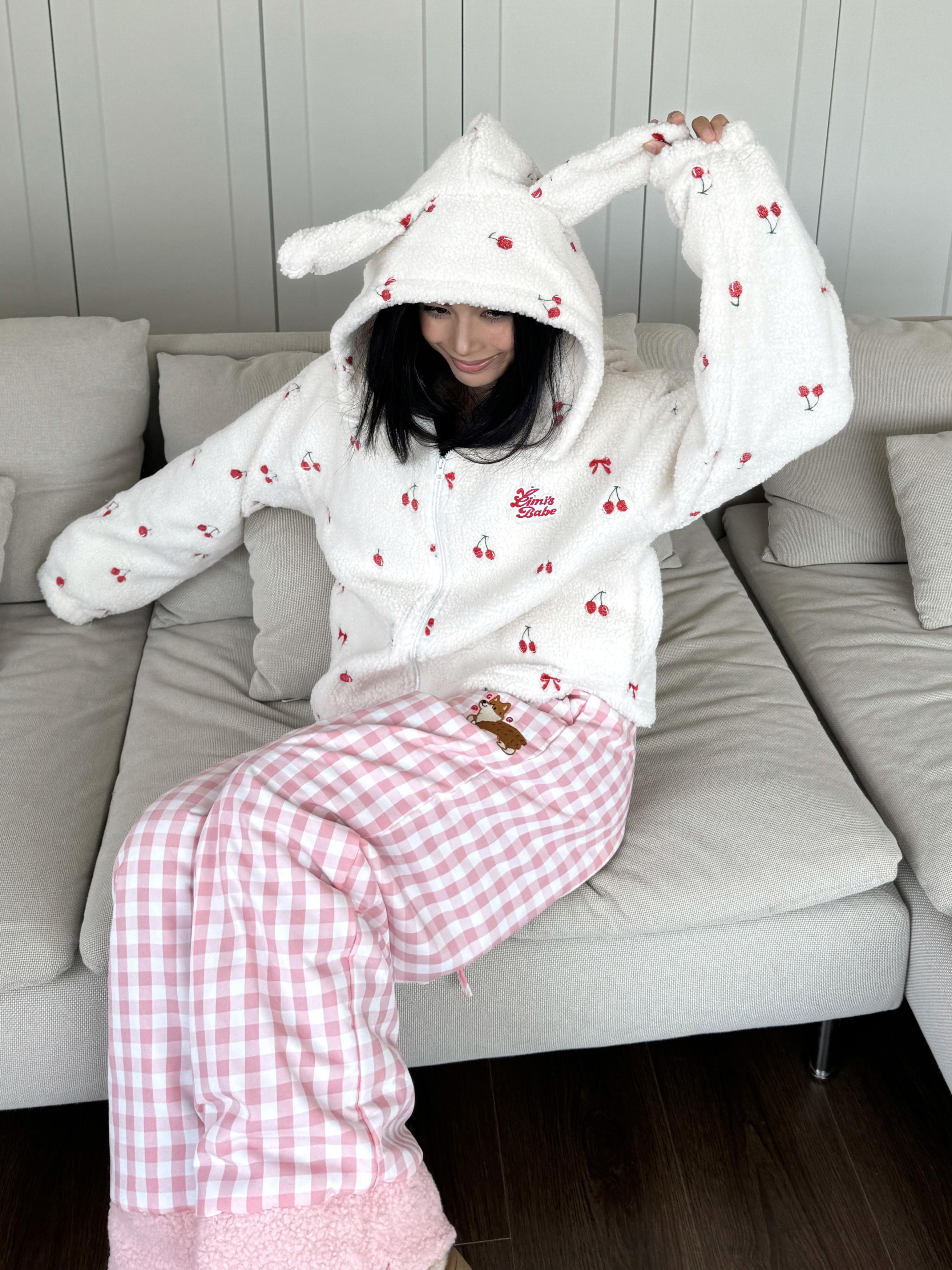 Embroidered Rabbit Ears Lamb Wool Short Coat with Cherry Print - Sweet & Spicy Autumn/Winter Loose Top Embroidered Rabbit Ears Lamb Wool Short Coat with Cherry Print - Sweet & Spicy Autumn/Winter Loose Top