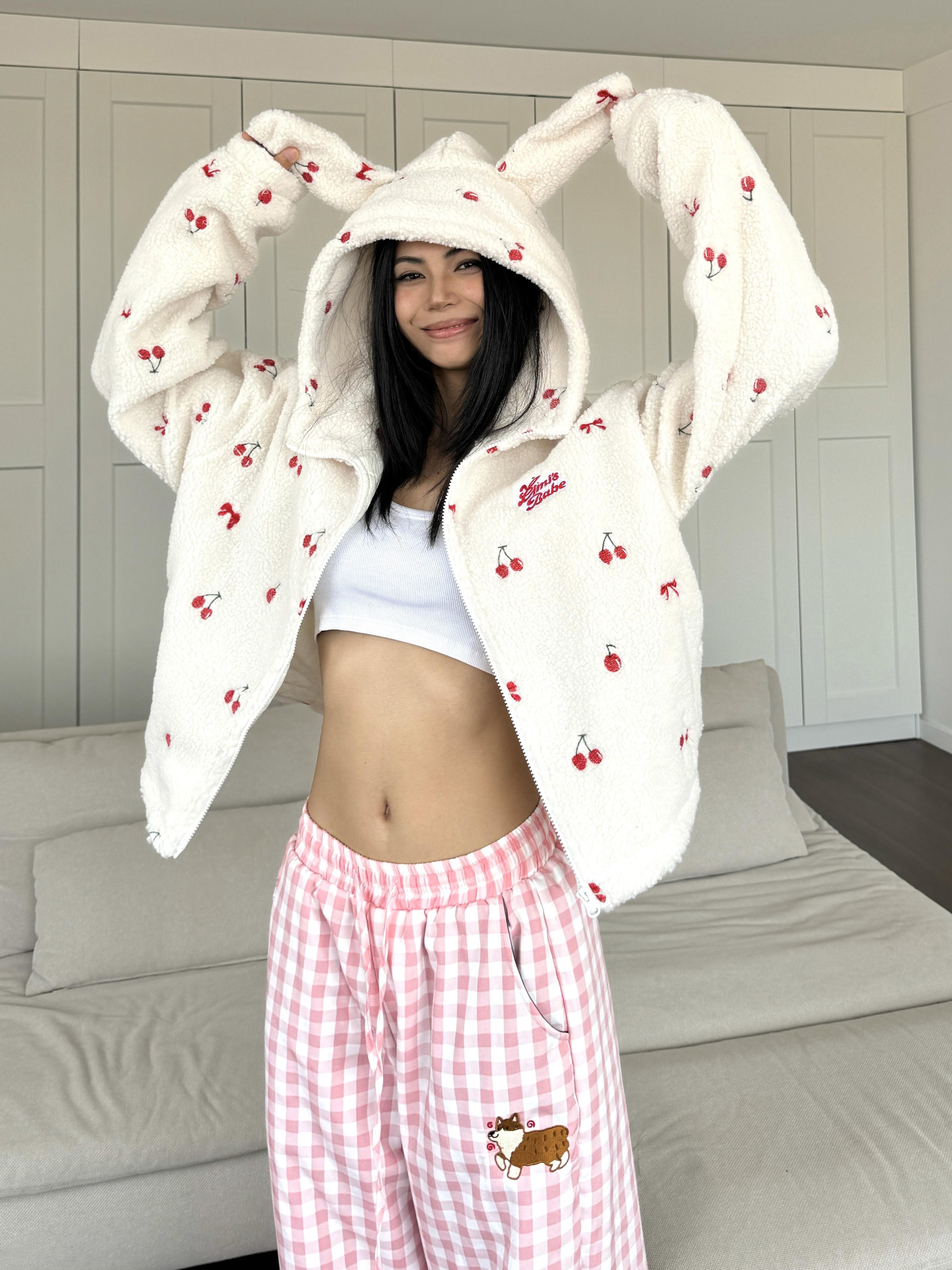 Embroidered Rabbit Ears Lamb Wool Short Coat with Cherry Print - Sweet & Spicy Autumn/Winter Loose Top Embroidered Rabbit Ears Lamb Wool Short Coat with Cherry Print - Sweet & Spicy Autumn/Winter Loose Top