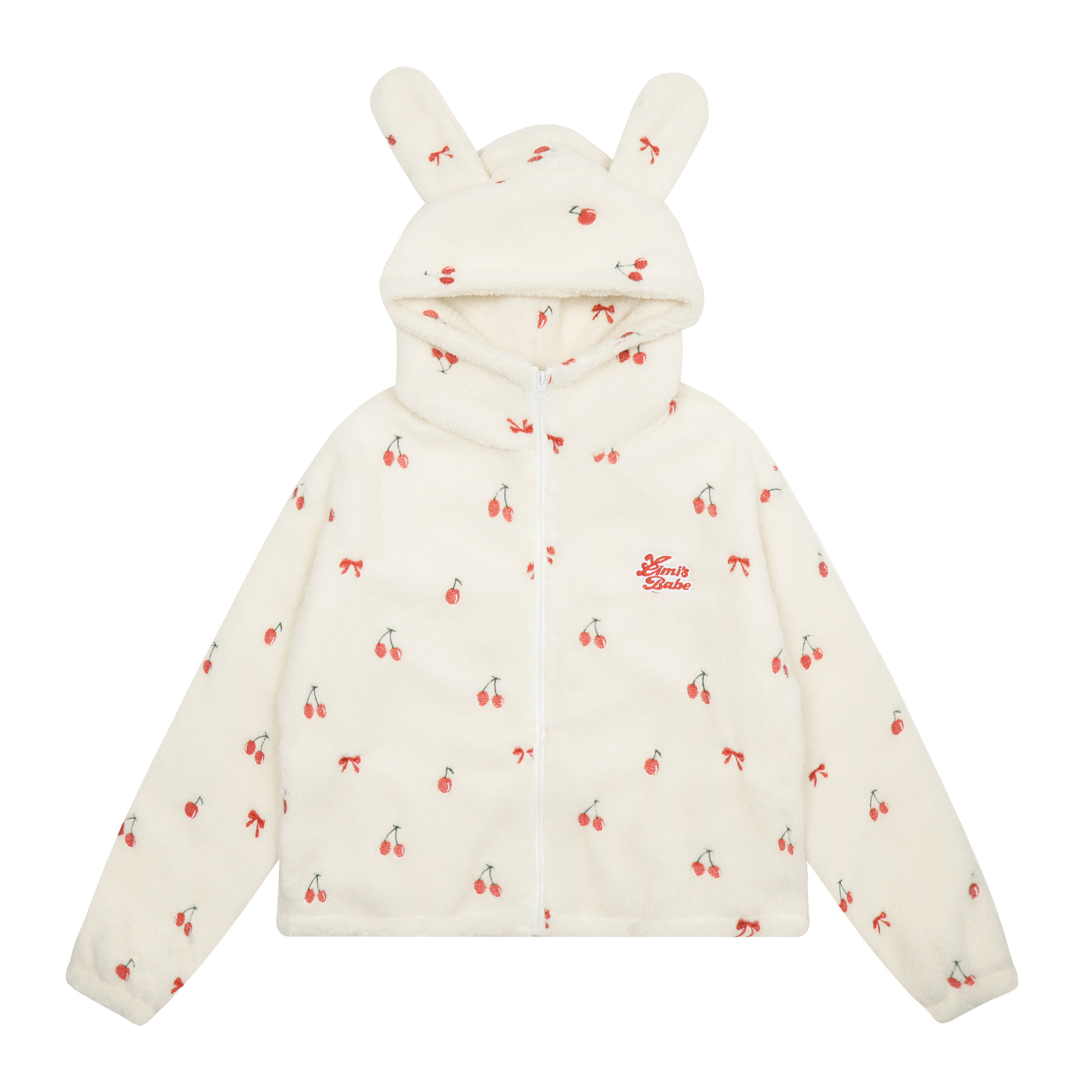 Embroidered Rabbit Ears Lamb Wool Short Coat with Cherry Print - Sweet & Spicy Autumn/Winter Loose Top