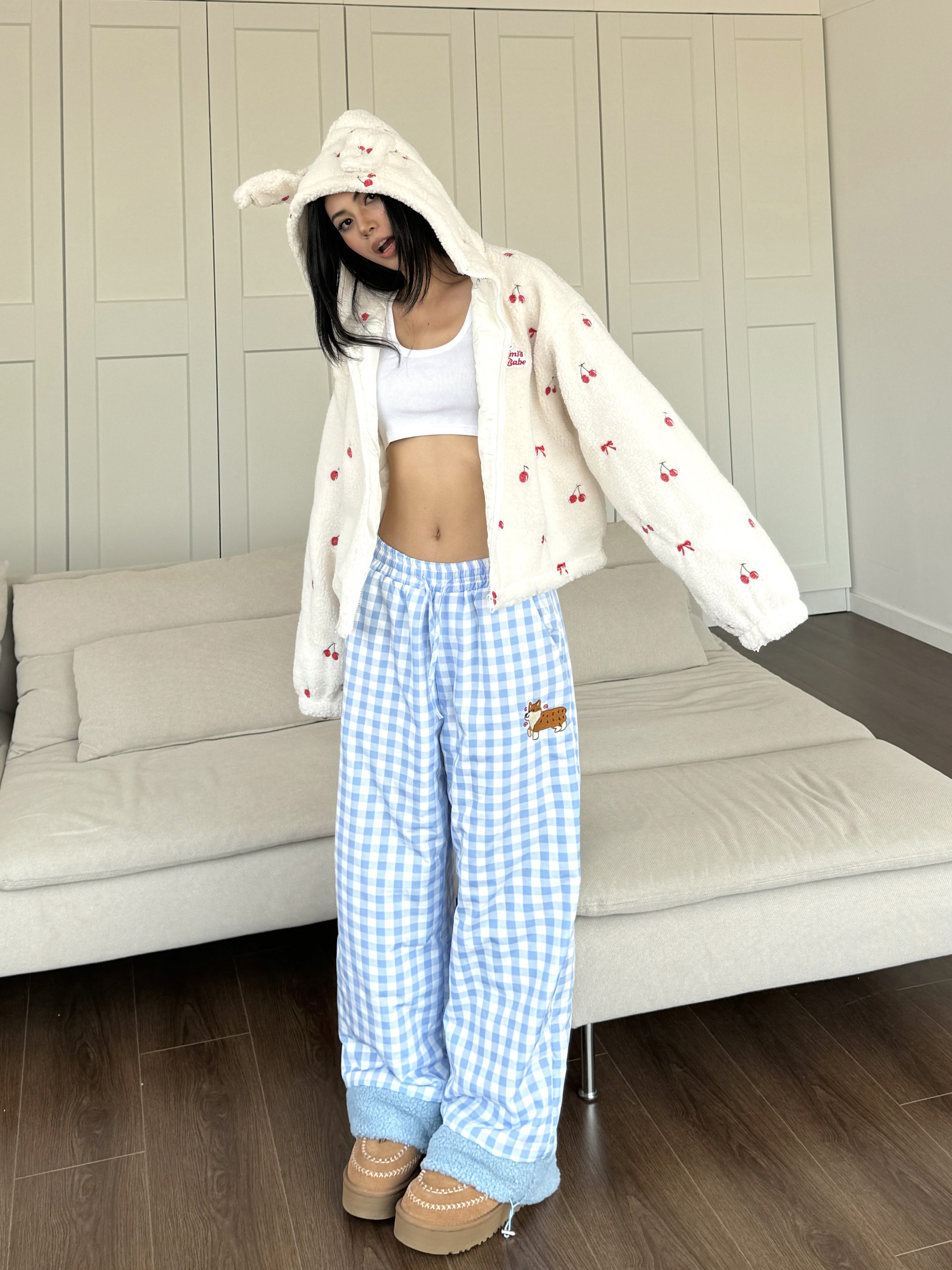 Embroidered Rabbit Ears Lamb Wool Short Coat with Cherry Print - Sweet & Spicy Autumn/Winter Loose Top Embroidered Rabbit Ears Lamb Wool Short Coat with Cherry Print - Sweet & Spicy Autumn/Winter Loose Top