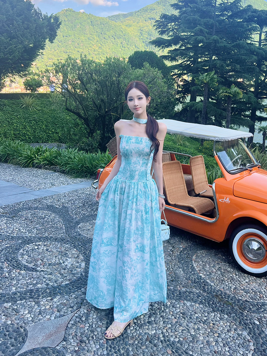 Emerald Garden Floral Print Long Dress for Women - Socialite Style, Spaghetti Strap, Perfect for Tall Individuals, Influencer Approved