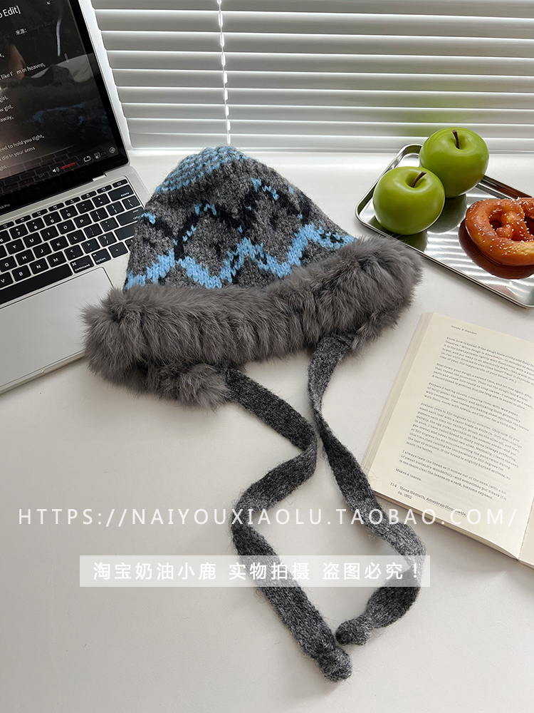 Ethnic Design Knitted Rabbit Fur Yarn Hat for Women - Warm Ear Protection for Autumn & Winter, Cozy Lei Feng Style