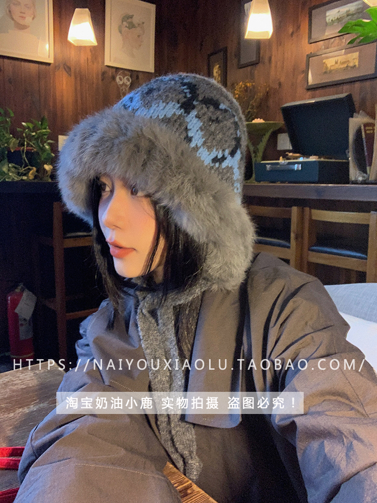 Ethnic Design Knitted Rabbit Fur Yarn Hat for Women - Warm Ear Protection for Autumn & Winter, Cozy Lei Feng Style Ethnic Design Knitted Rabbit Fur Yarn Hat for Women - Warm Ear Protection for Autumn & Winter, Cozy Lei Feng Style