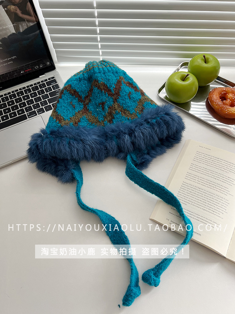 Ethnic Design Knitted Rabbit Fur Yarn Hat for Women - Warm Ear Protection for Autumn & Winter, Cozy Lei Feng Style Ethnic Design Knitted Rabbit Fur Yarn Hat for Women - Warm Ear Protection for Autumn & Winter, Cozy Lei Feng Style