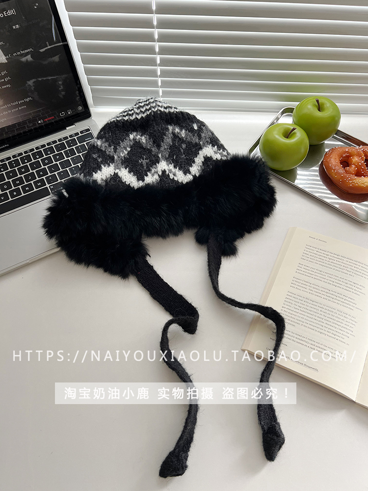 Ethnic Design Knitted Rabbit Fur Yarn Hat for Women - Warm Ear Protection for Autumn & Winter, Cozy Lei Feng Style Ethnic Design Knitted Rabbit Fur Yarn Hat for Women - Warm Ear Protection for Autumn & Winter, Cozy Lei Feng Style