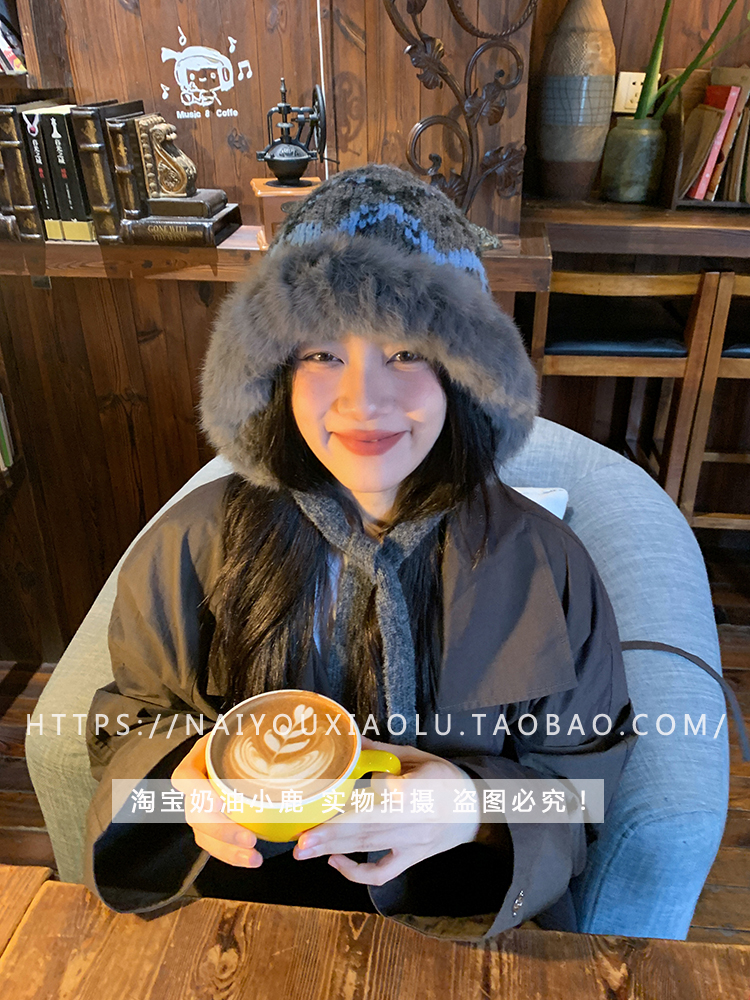 Ethnic Design Knitted Rabbit Fur Yarn Hat for Women - Warm Ear Protection for Autumn & Winter, Cozy Lei Feng Style Ethnic Design Knitted Rabbit Fur Yarn Hat for Women - Warm Ear Protection for Autumn & Winter, Cozy Lei Feng Style