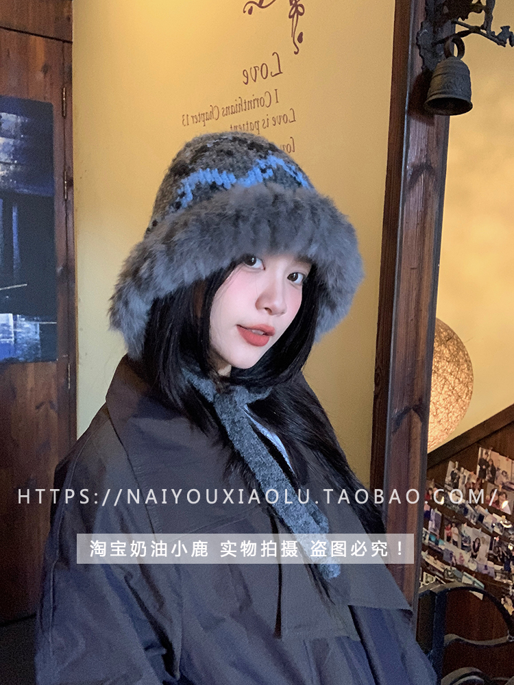 Ethnic Design Knitted Rabbit Fur Yarn Hat for Women - Warm Ear Protection for Autumn & Winter, Cozy Lei Feng Style Ethnic Design Knitted Rabbit Fur Yarn Hat for Women - Warm Ear Protection for Autumn & Winter, Cozy Lei Feng Style