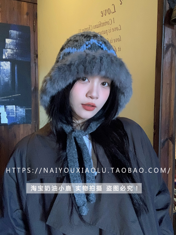 Ethnic Design Knitted Rabbit Fur Yarn Hat for Women - Warm Ear Protection for Autumn & Winter, Cozy Lei Feng Style