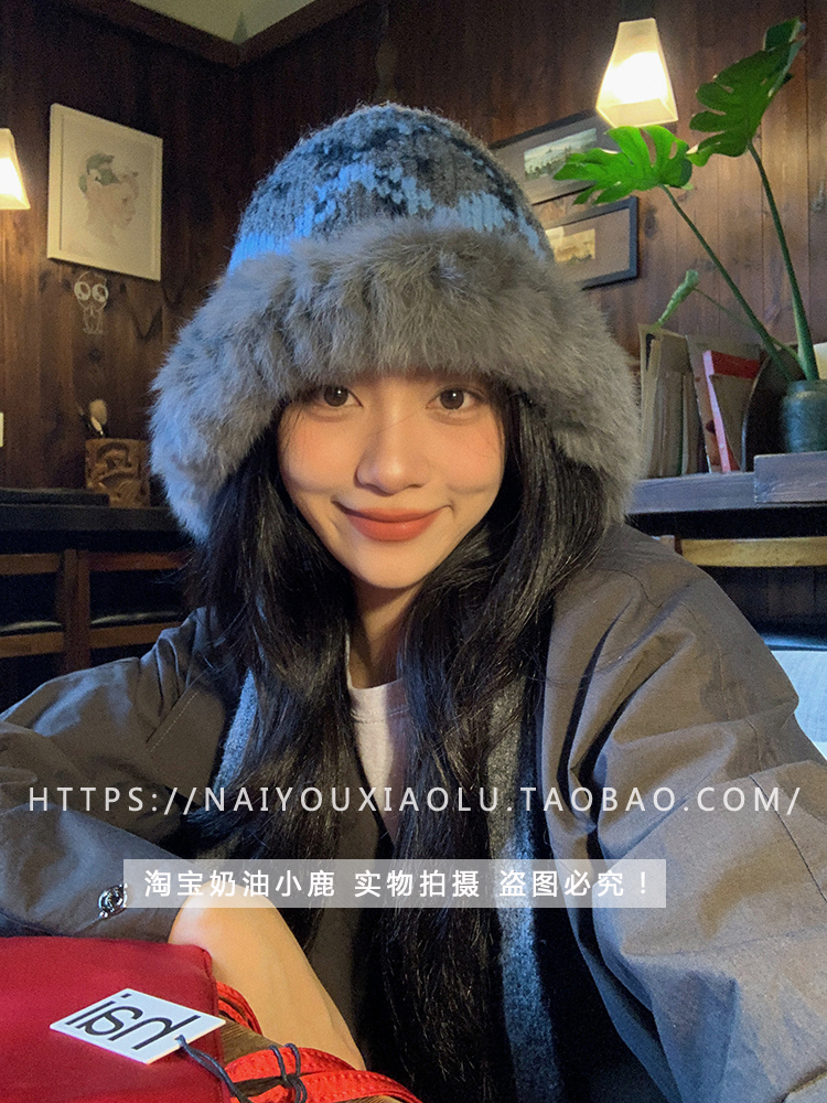 Ethnic Design Knitted Rabbit Fur Yarn Hat for Women - Warm Ear Protection for Autumn & Winter, Cozy Lei Feng Style Ethnic Design Knitted Rabbit Fur Yarn Hat for Women - Warm Ear Protection for Autumn & Winter, Cozy Lei Feng Style