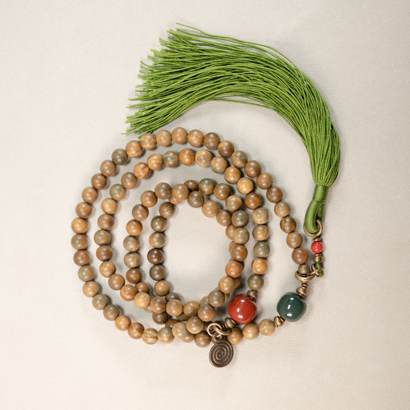 Ethnic Style Green Sandalwood Multi-Circle Bracelet Necklace for Women and Men, 108 Beads Prayer Beads, Bohemian Buddhist Jewelry