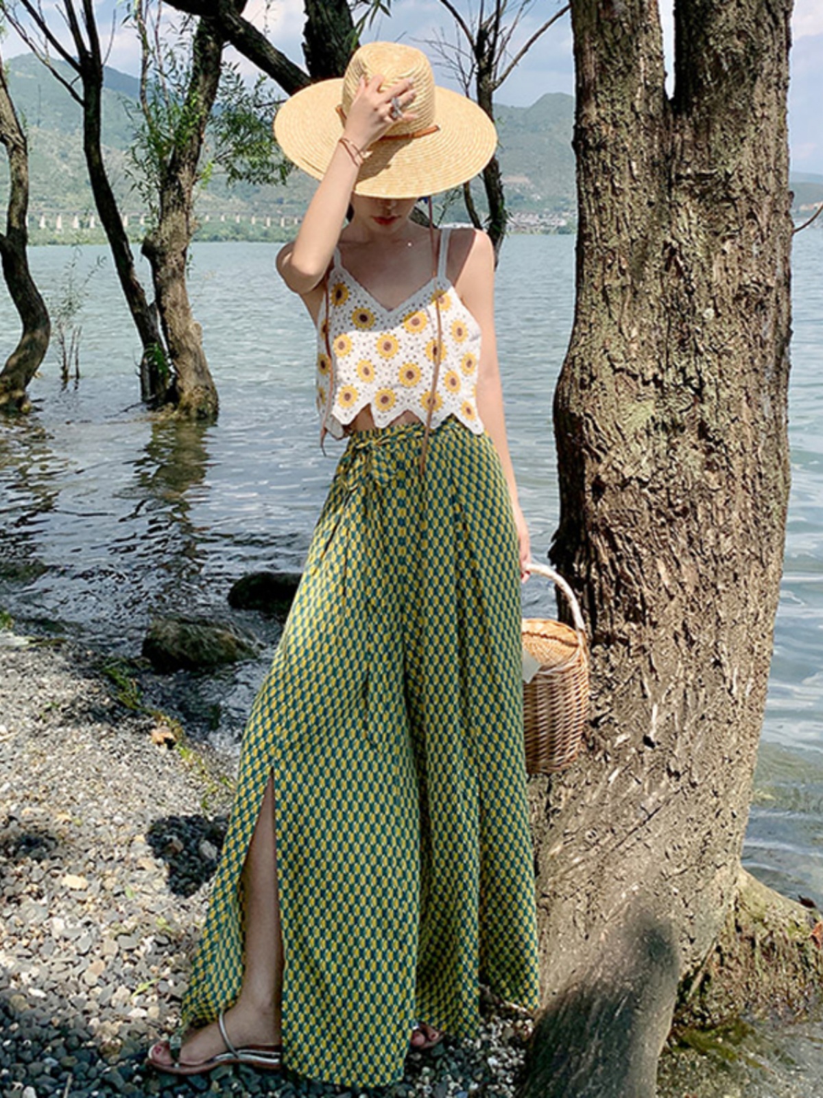 Ethnic Style Women's Beach Vacation Set - Hollow V-Neck Camisole & Wide-Leg Pants - Yunnan Tibet Travel Outfit