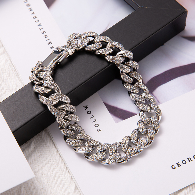 Euro-American Double Row Full Diamond Alloy Cuban Chain Bracelet - Hip-Hop Street Style Fashion Accessory