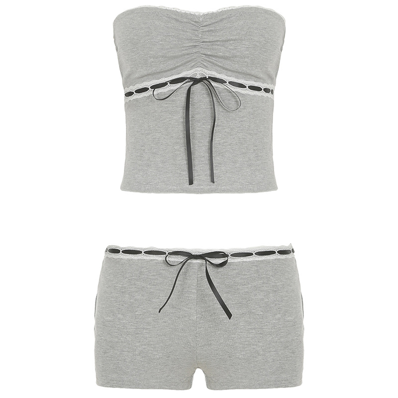 European & American Style Lace Bow Strapless Modal Shorts Set - Casual Comfortable Homewear Pajamas for Relaxed Days