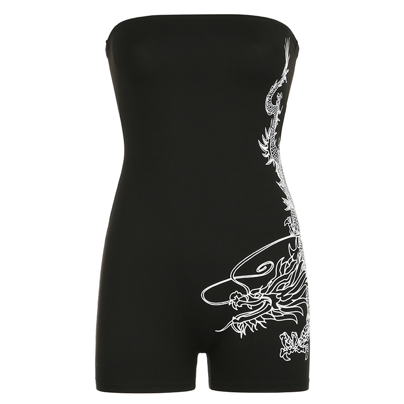 European and American Style Dragon Pattern Strapless Bodysuit - Tight-Fitting, Sleeveless Sports One-Piece Shorts for a Chic Look