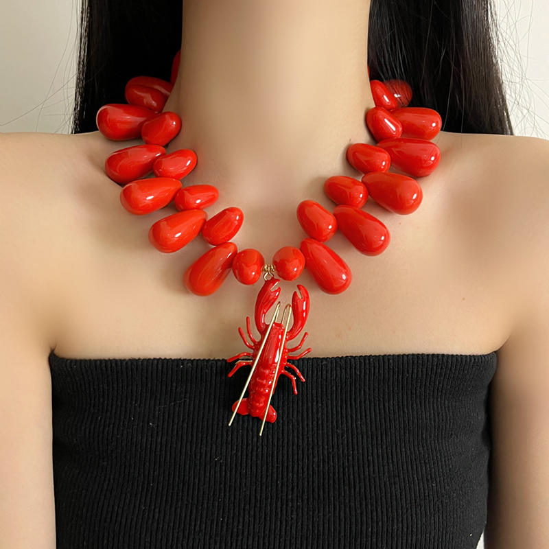 Exaggerated Red Crayfish Beaded Necklace for Women - European American Ocean Vacation Style 2025 Collarbone Chain Exaggerated Red Crayfish Beaded Necklace for Women - European American Ocean Vacation Style 2025 Collarbone Chain