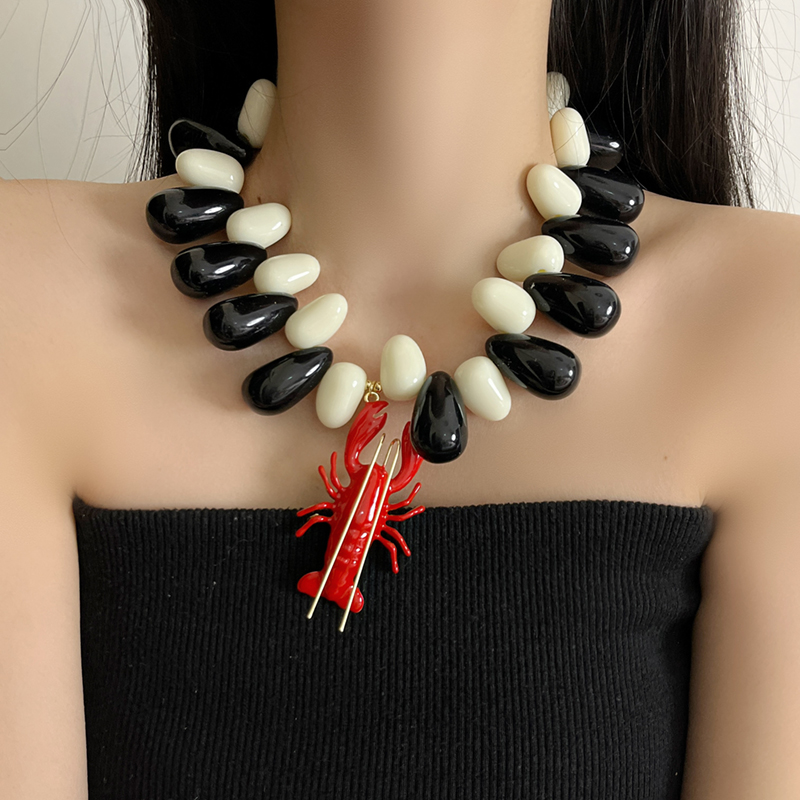 Exaggerated Red Crayfish Beaded Necklace for Women - European American Ocean Vacation Style 2025 Collarbone Chain