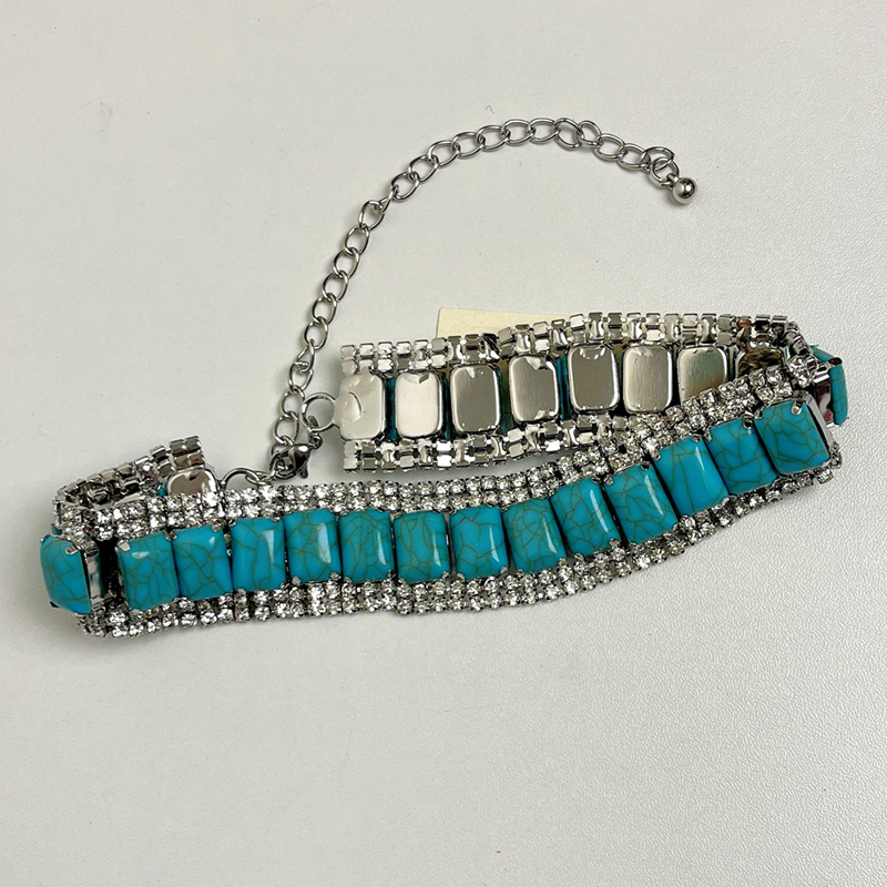 Exaggerated Turquoise Diamond Square Choker Necklace for Women - 2025 Light Luxury Wide Neck Chain