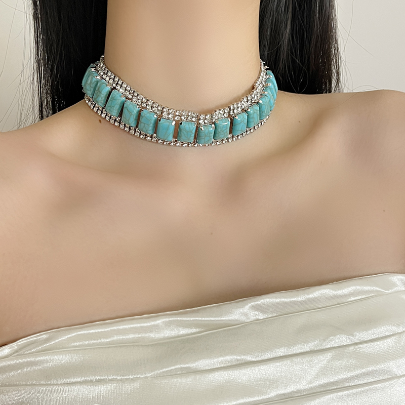 Exaggerated Turquoise Diamond Square Choker Necklace for Women - 2025 Light Luxury Wide Neck Chain Exaggerated Turquoise Diamond Square Choker Necklace for Women - 2025 Light Luxury Wide Neck Chain